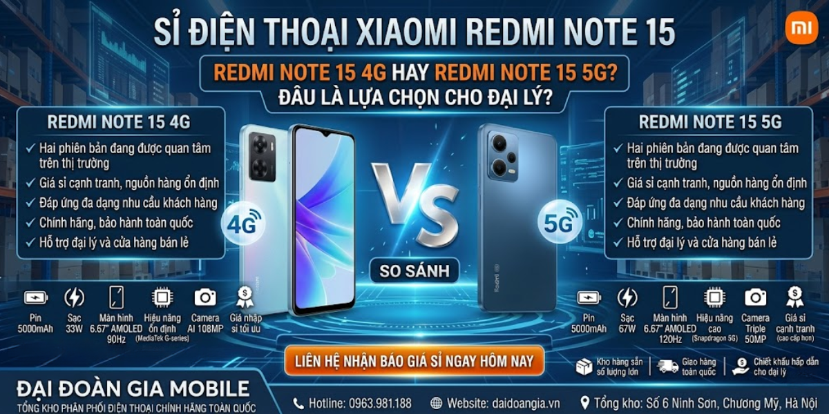 Sỉ điện thoại Xiaomi Redmi Note 15 4G và 5G: Đâu là lựa chọn cho đại lý?