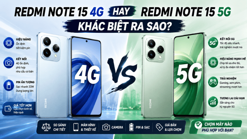 Redmi Note 15 4G hay Redmi Note 15 5G: Khác biệt ra sao?