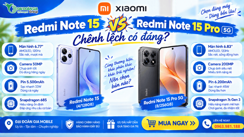 Redmi Note 15 vs Redmi Note 15 Pro 5G: chênh lệch có đáng?