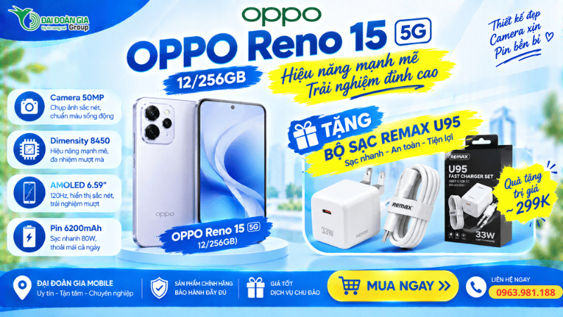 OPPO Reno 15 5G 12/256 – Tặng bộ sạc Remax U95